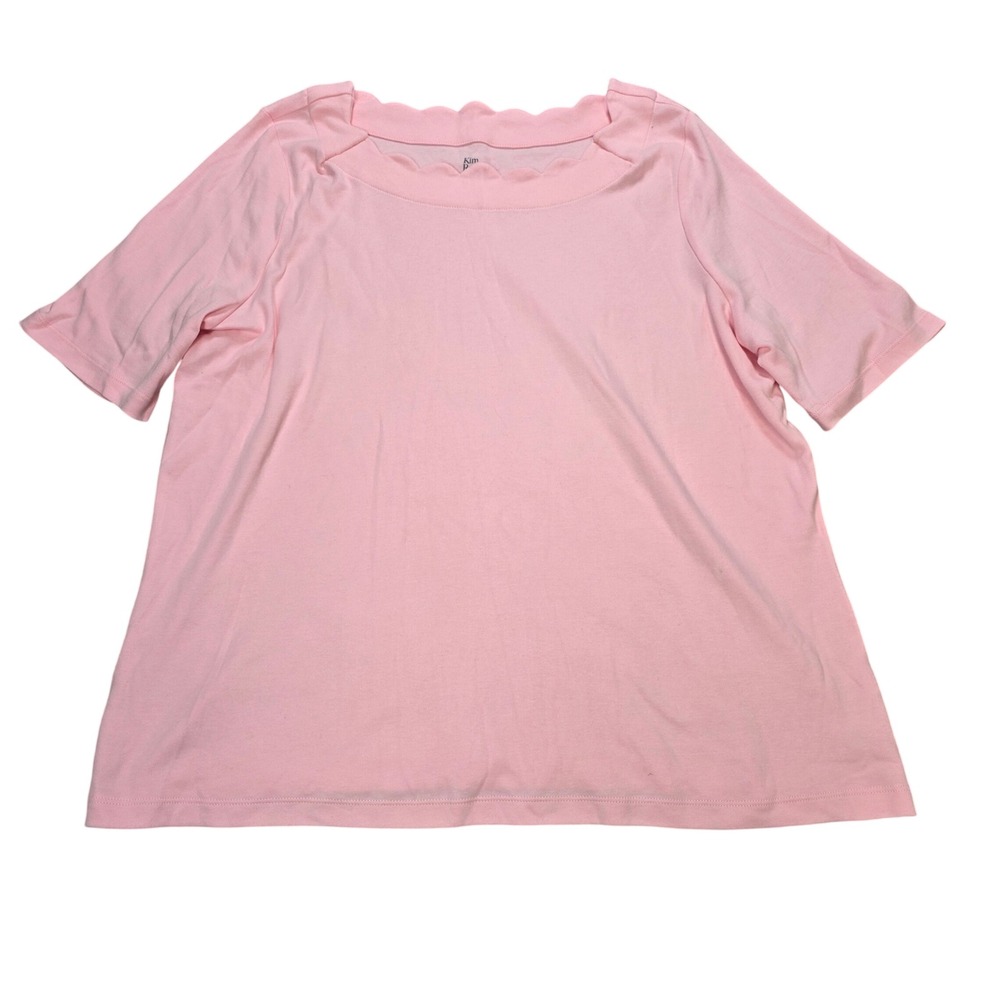 Kim Rogers Scalloped Neck Top Women's Size P/XL Pink 100% Cotton Short Sleeve